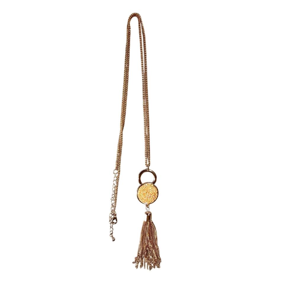 SKU3253 Vintage 1970s Rose Gold Tone Crystal Tassel Long Necklace 33"